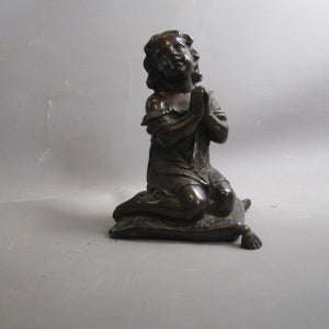 Charming Bronze Figure Of A Child Praying Kneeling On A Cushion Antique Victorian 1880