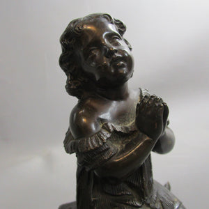 Charming Bronze Figure Of A Child Praying Kneeling On A Cushion Antique Victorian 1880