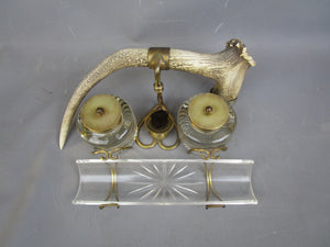 Cut Glass And Antler Ink Stand Antique Victorian c1880