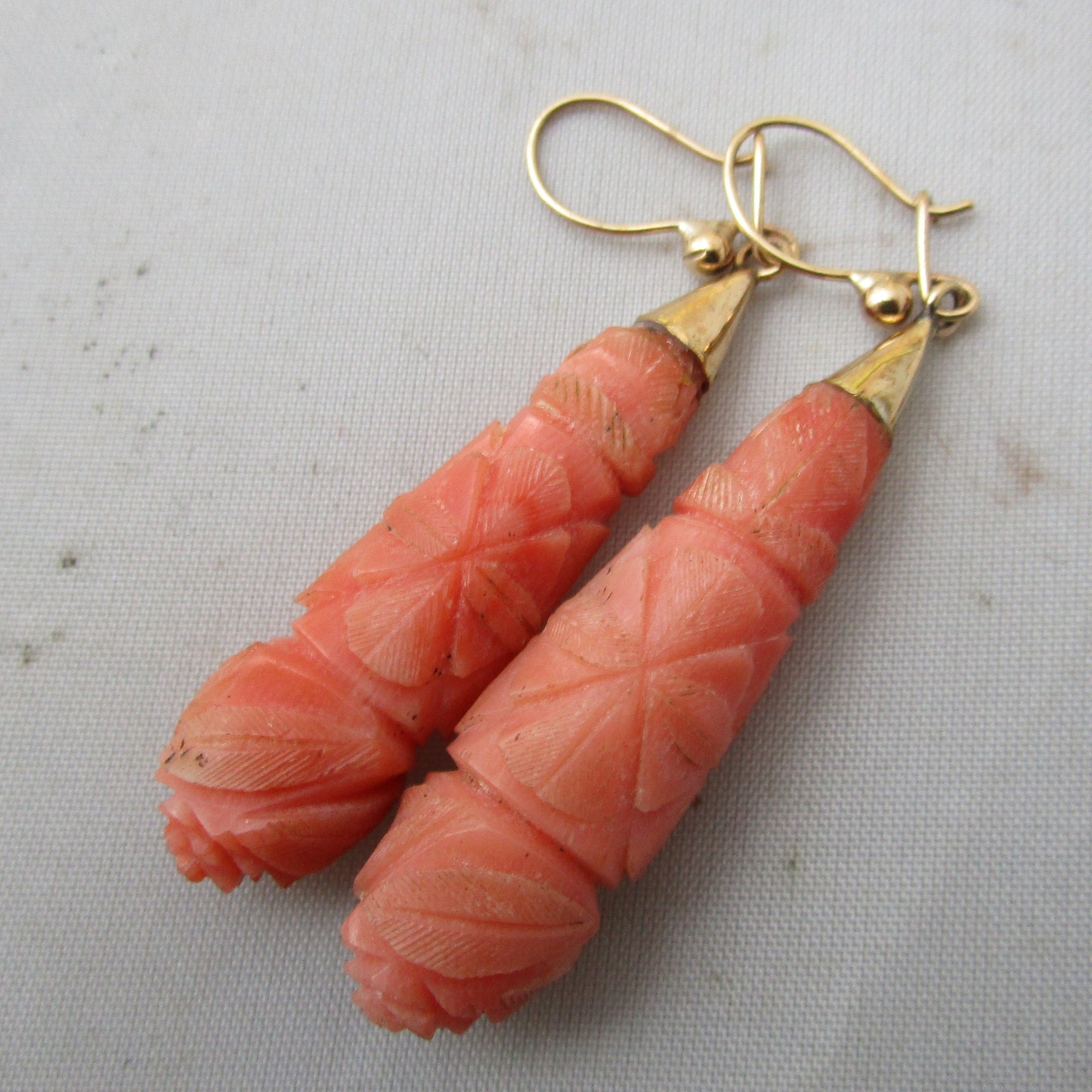 Hand Carved Coral And 9K Gold Torpedo Drop Earrings Antique Georgian c1810