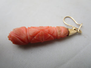 Hand Carved Coral And 9K Gold Torpedo Drop Earrings Antique Georgian c1810