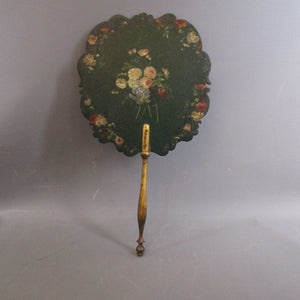 Hand Painted Floral Bouquets on Green Ground Ornately Shaped Fixed Fan Antique Victorian c1870
