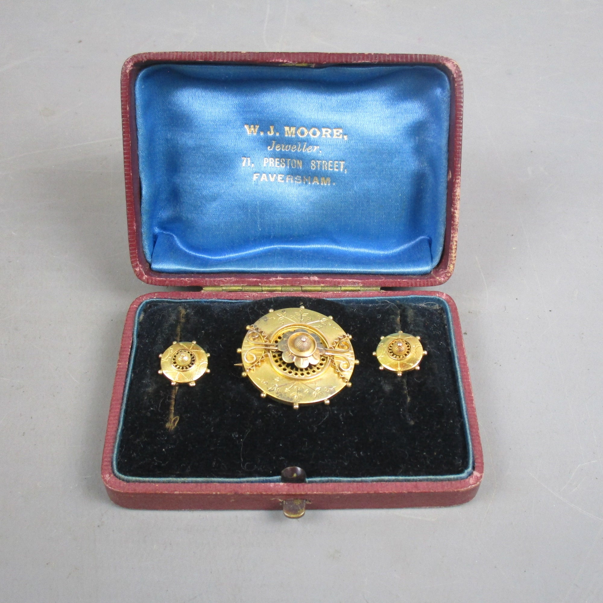 18ct Gold Brooch & Earring Set With Original Box Antique Victorian c1870