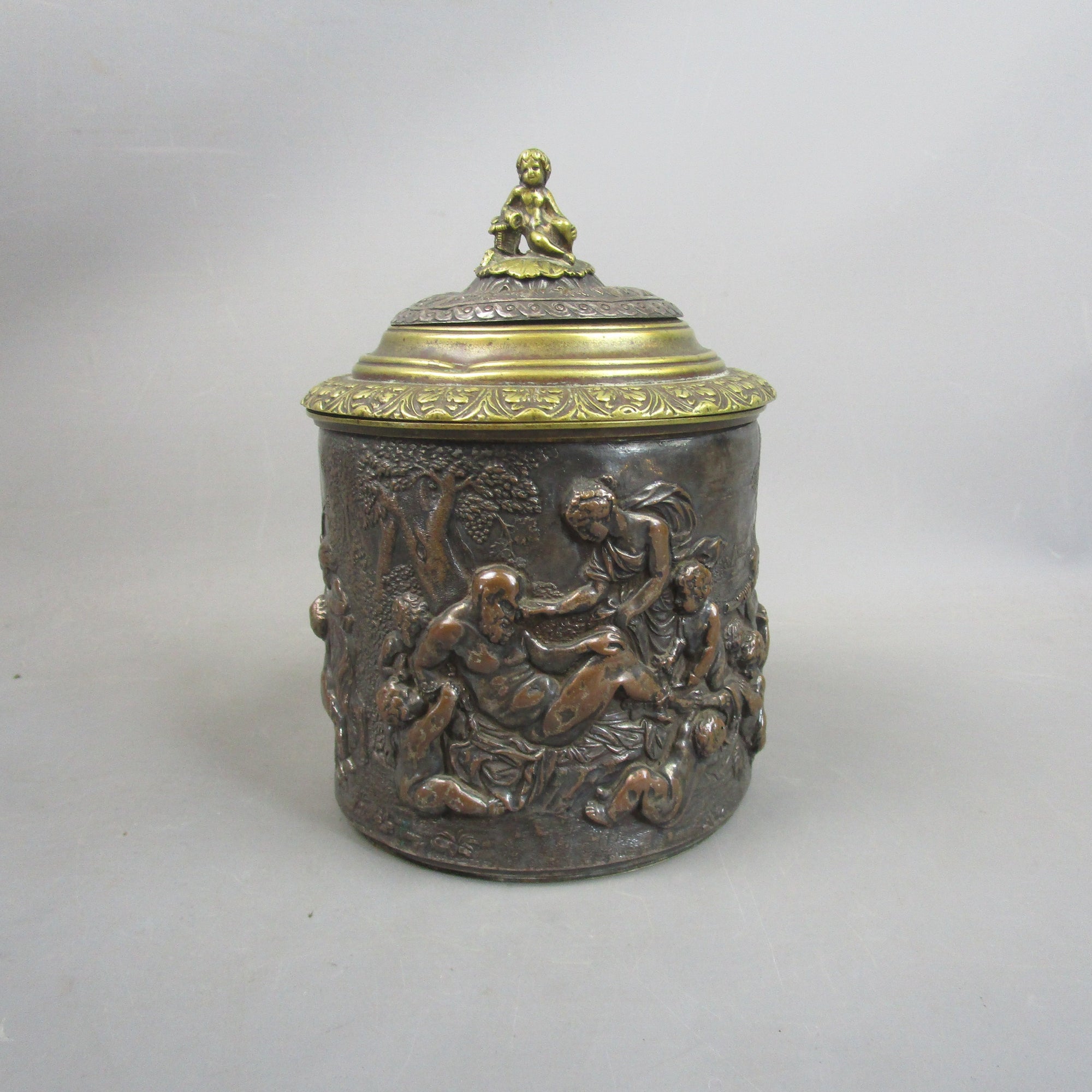 Copper & Brass Embossed Tobacco Jar With Mythical Scene Antique Victorian c1880