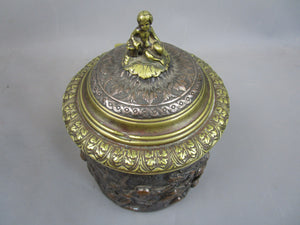 Copper & Brass Embossed Tobacco Jar With Mythical Scene Antique Victorian c1880