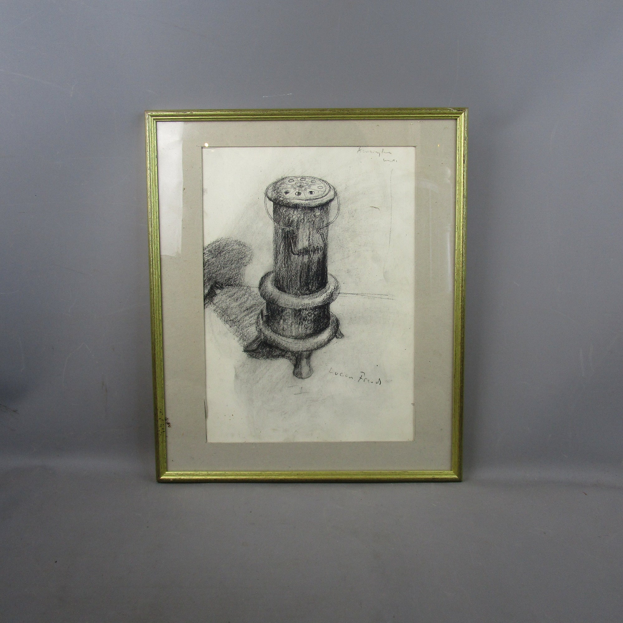 Signed & Framed Lucian Freud Charcoal Sketch Of Burner Vintage c1980