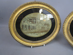 Pair Of Gold Framed Silk Needle Works Of Bath Pump Works & North Parade Building Antique Georgian c1790