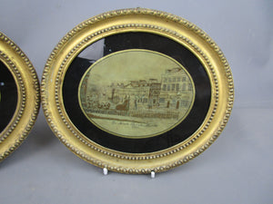 Pair Of Gold Framed Silk Needle Works Of Bath Pump Works & North Parade Building Antique Georgian c1790