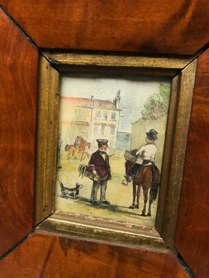 Hand Coloured Miniature Of Rural Horseback Scene In Maple Wood Frame Antique Victorian c1890