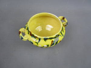 French Hand Painted Yellow Mottled Effect Twin Handle Lidded Pot Antique c1920