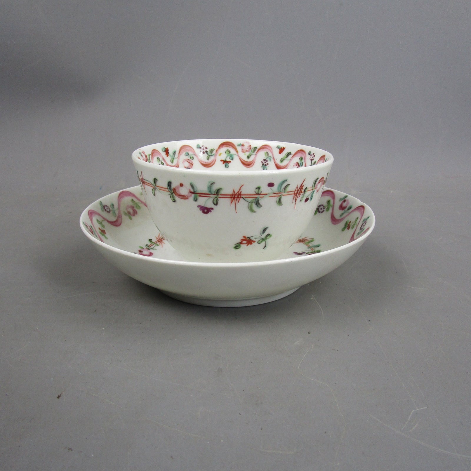 Hand Painted Newall Pottery Floral Design Cup & Saucer Antique Georgian c1740