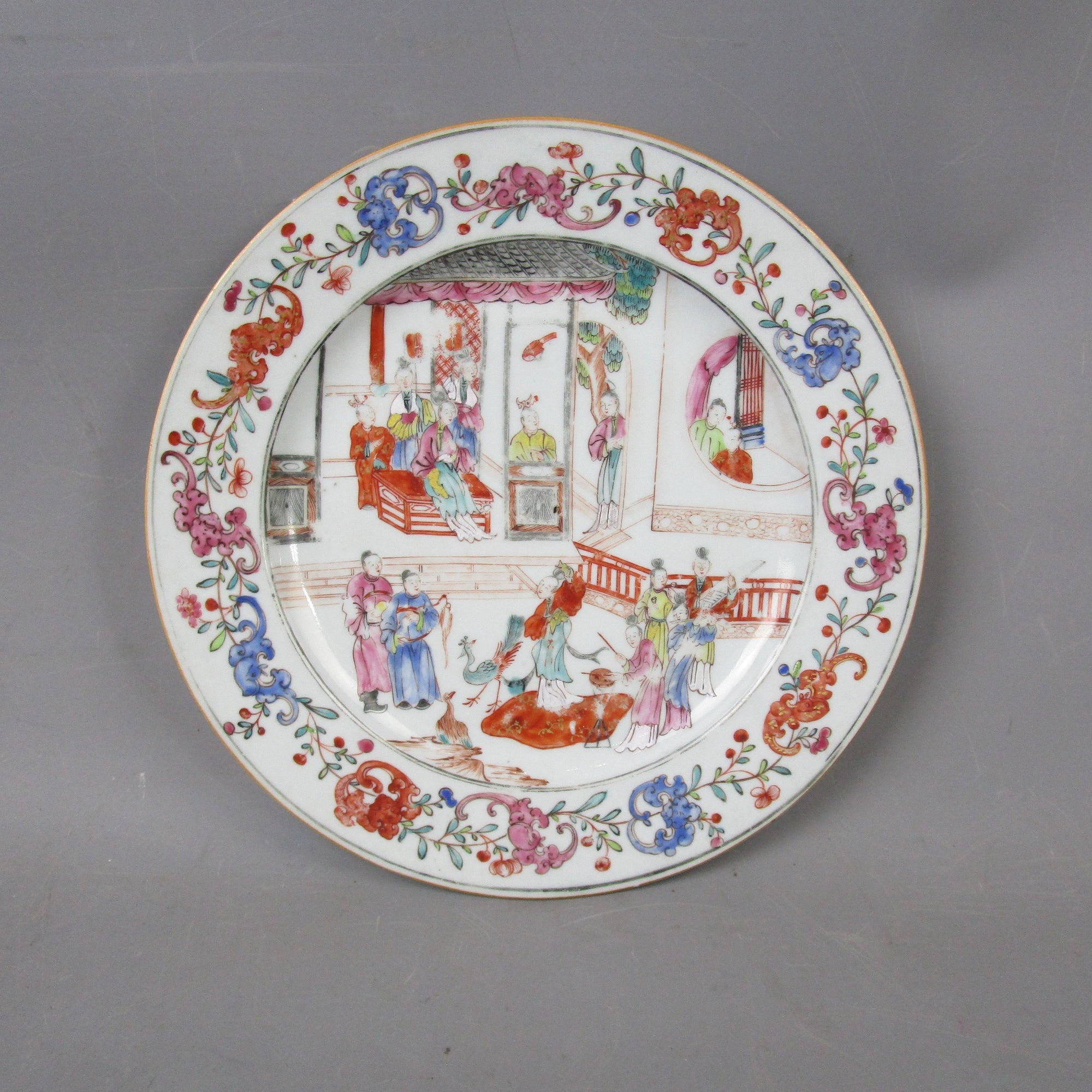 Hand Painted Chinese Famille Rose Temple Scene Plate Antique c1750