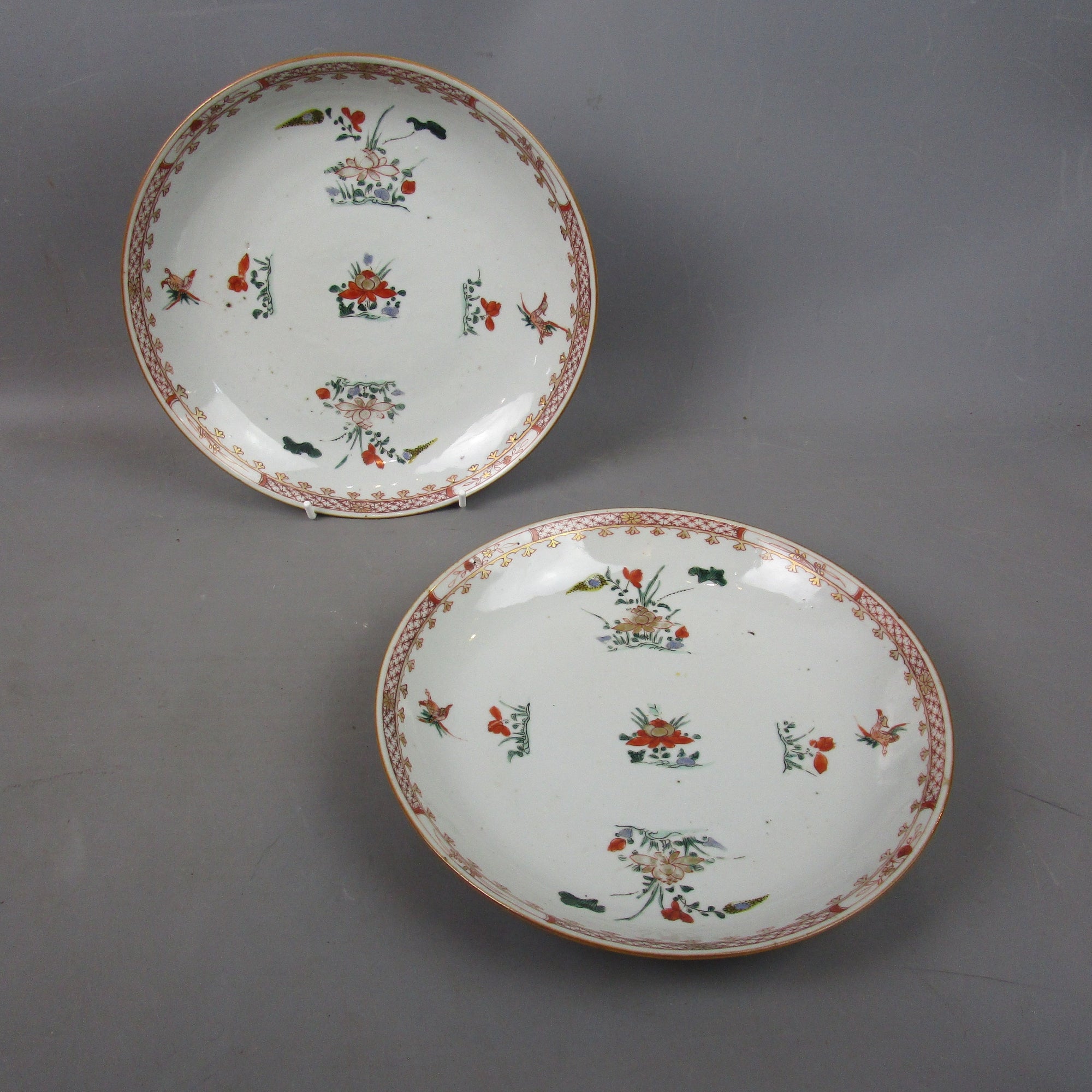 Pair Of Early Chinese Famille Verte Floral Design Kangxi Hand Painted Plates Antique c1720