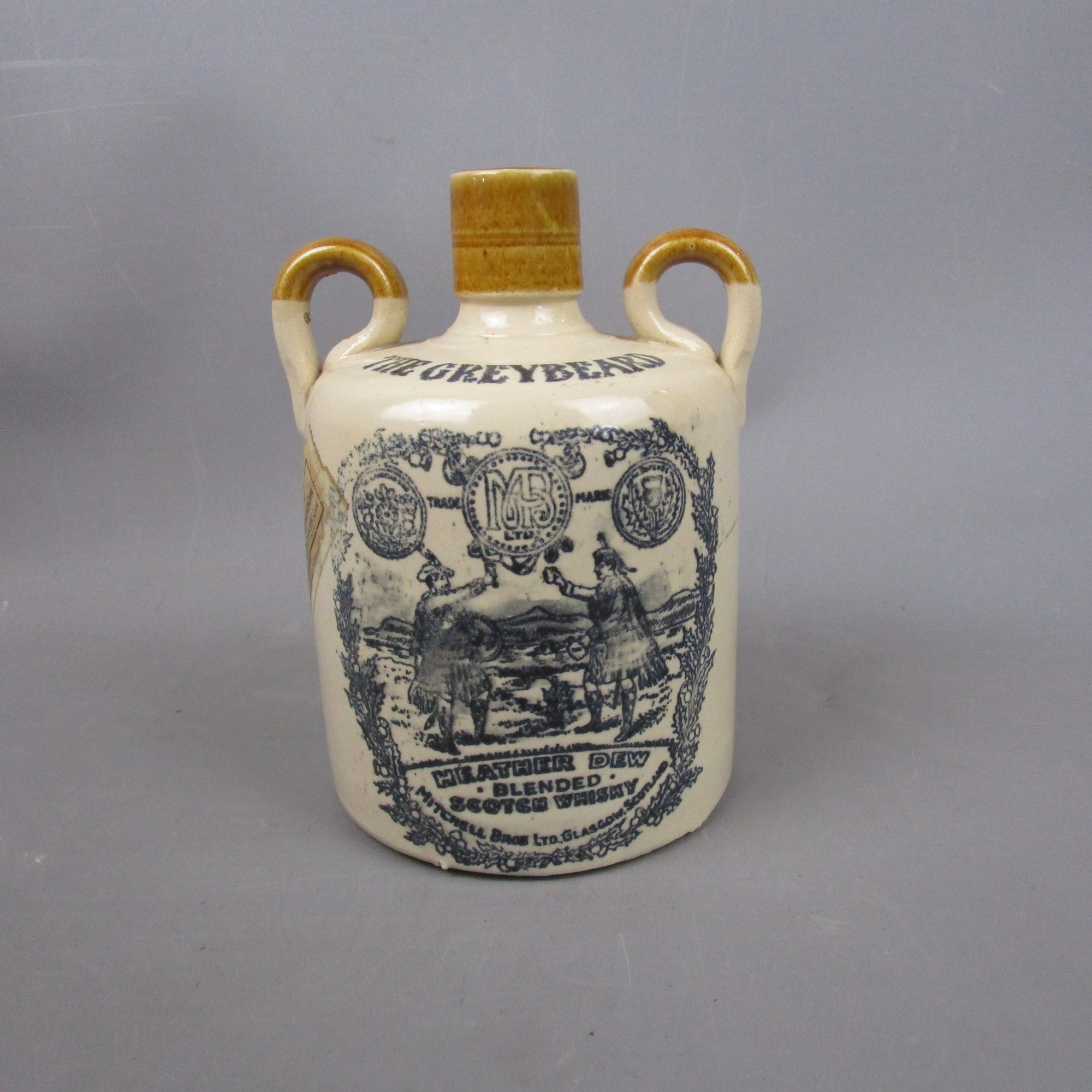 Brown Glazed Greybeard Scots Whiskey Stoneware Advertising Jug Antique c1930