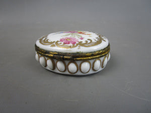 Hand Painted Floral Design Porcelain Gilt Hinged Oval Box Antique Victorian c1870