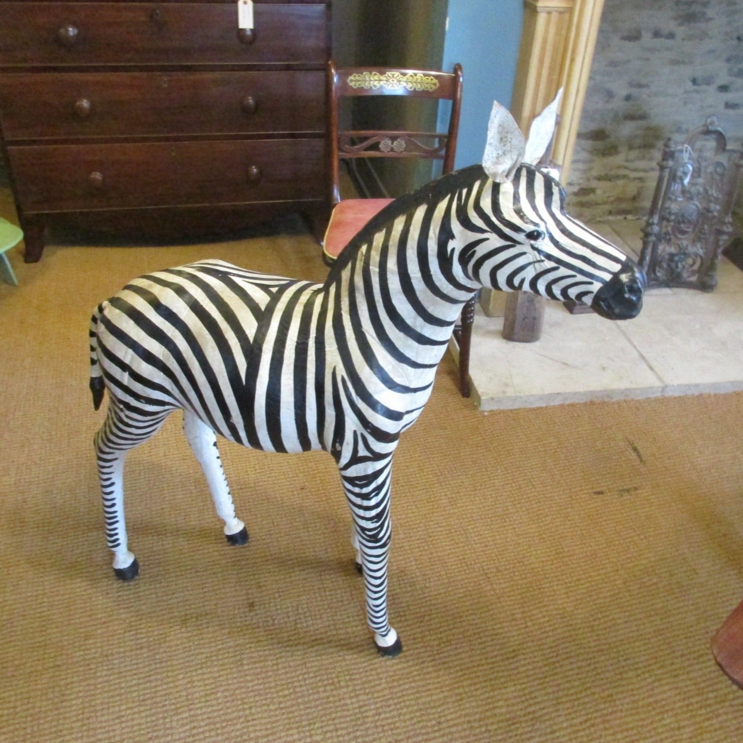Very Large Hand Painted Leather Zebra Ornament Antique c1930