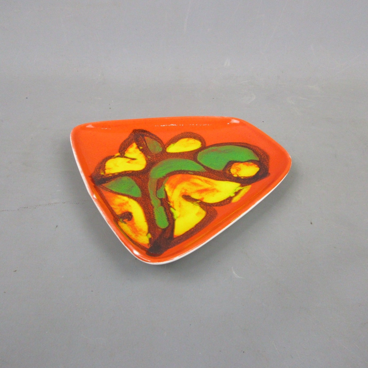 Hand Painted Poole Pottery Delphis Design Orange, Green & Yellow Trinket Dish Vintage c1970