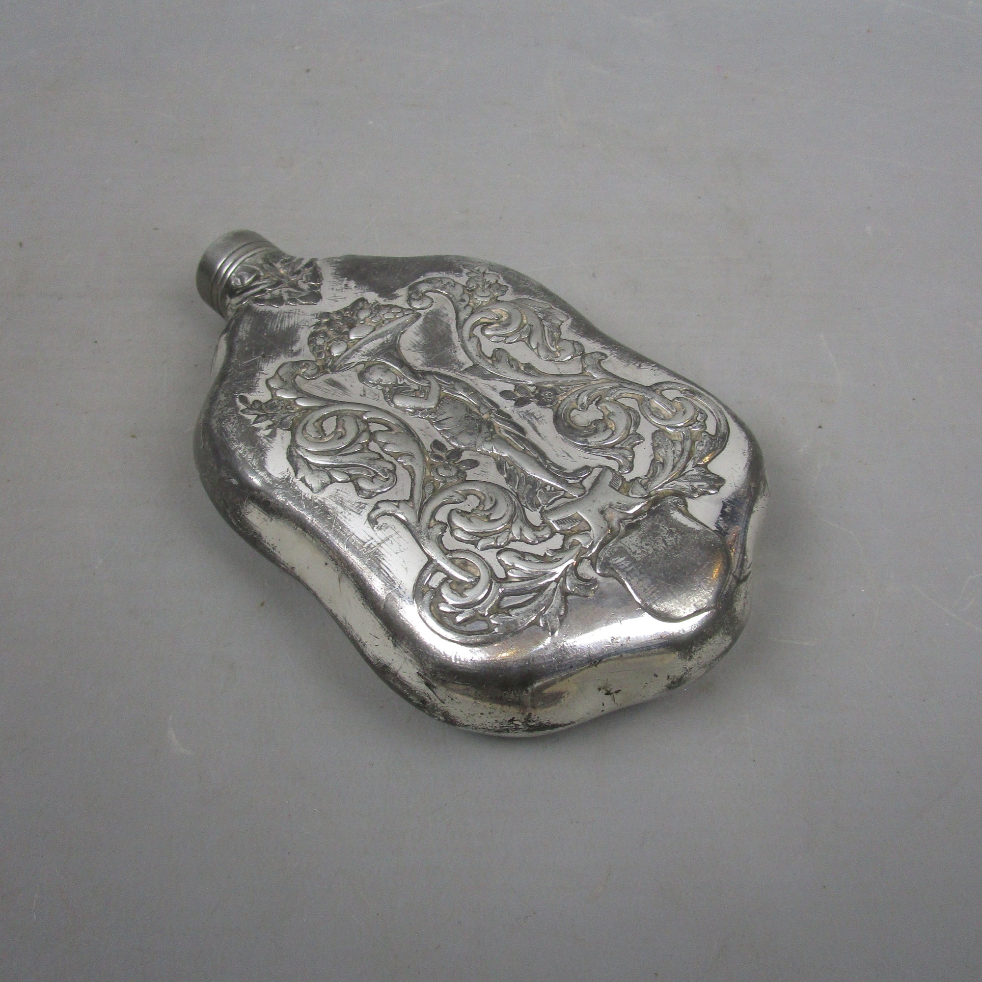 Silver Plated Acanthus Leaf & Fruit Design Hip Flask Antique Victorian c1890