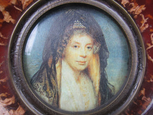 Miniature Watercolour Portrait Painting Of Lady In Amber Frame Antique Victorian c1860