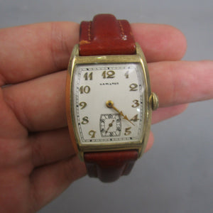 10ct Gold Filled Hamilton Wrist Watch With Brown Leather Strap Vintage c1970