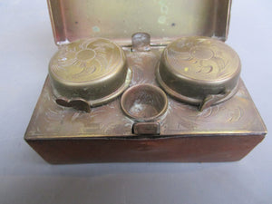 Leather Clad Metal Campaign Travel Inkwell Antique Victorian c1890