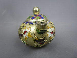 Miniature Brass and Enamel Painted with Howens and Butterflies Teapot Vintage c1970