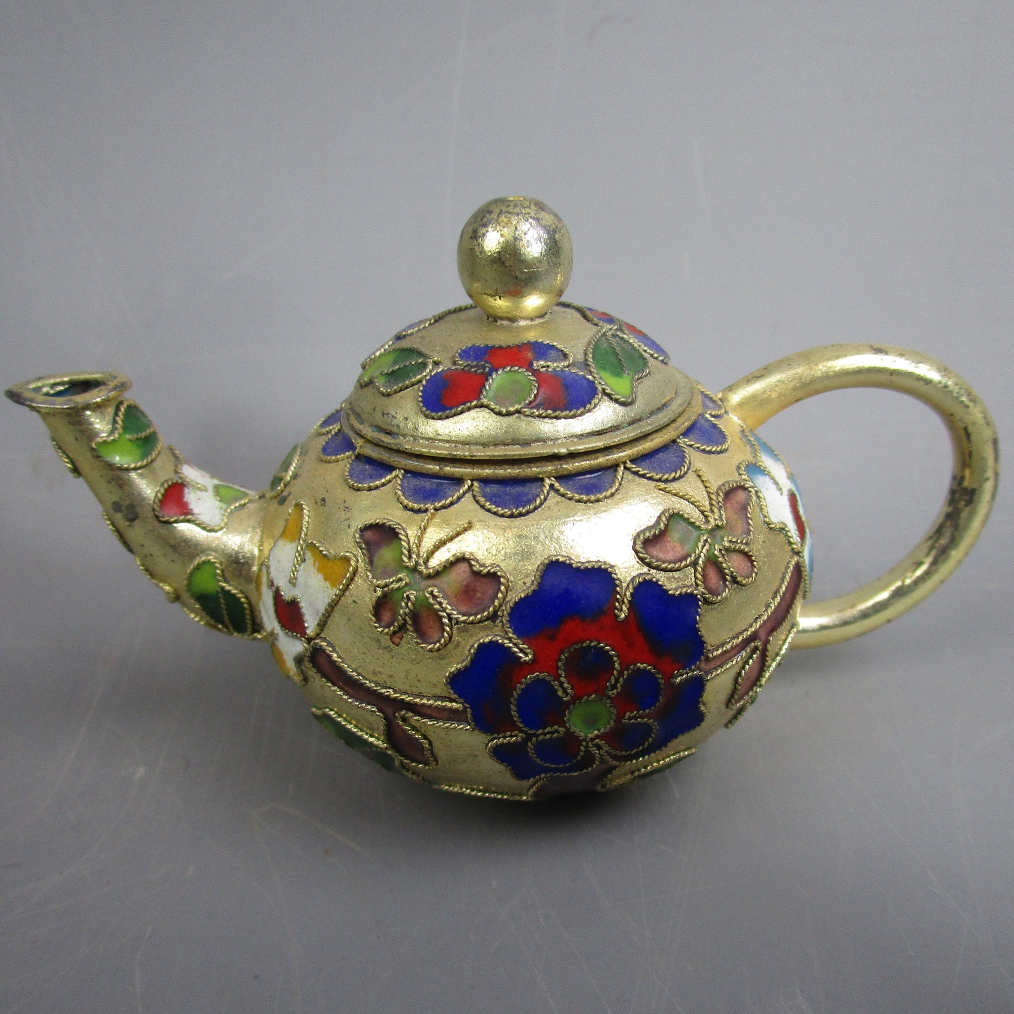 Miniature Brass and Enamel Painted with Howens and Butterflies Teapot Vintage c1970