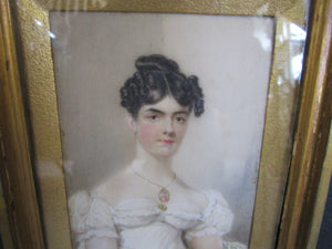 Miniature Watercolour Portrait Of A Lady In White Dress Antique Georgian c1810