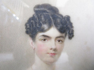 Miniature Watercolour Portrait Of A Lady In White Dress Antique Georgian c1810