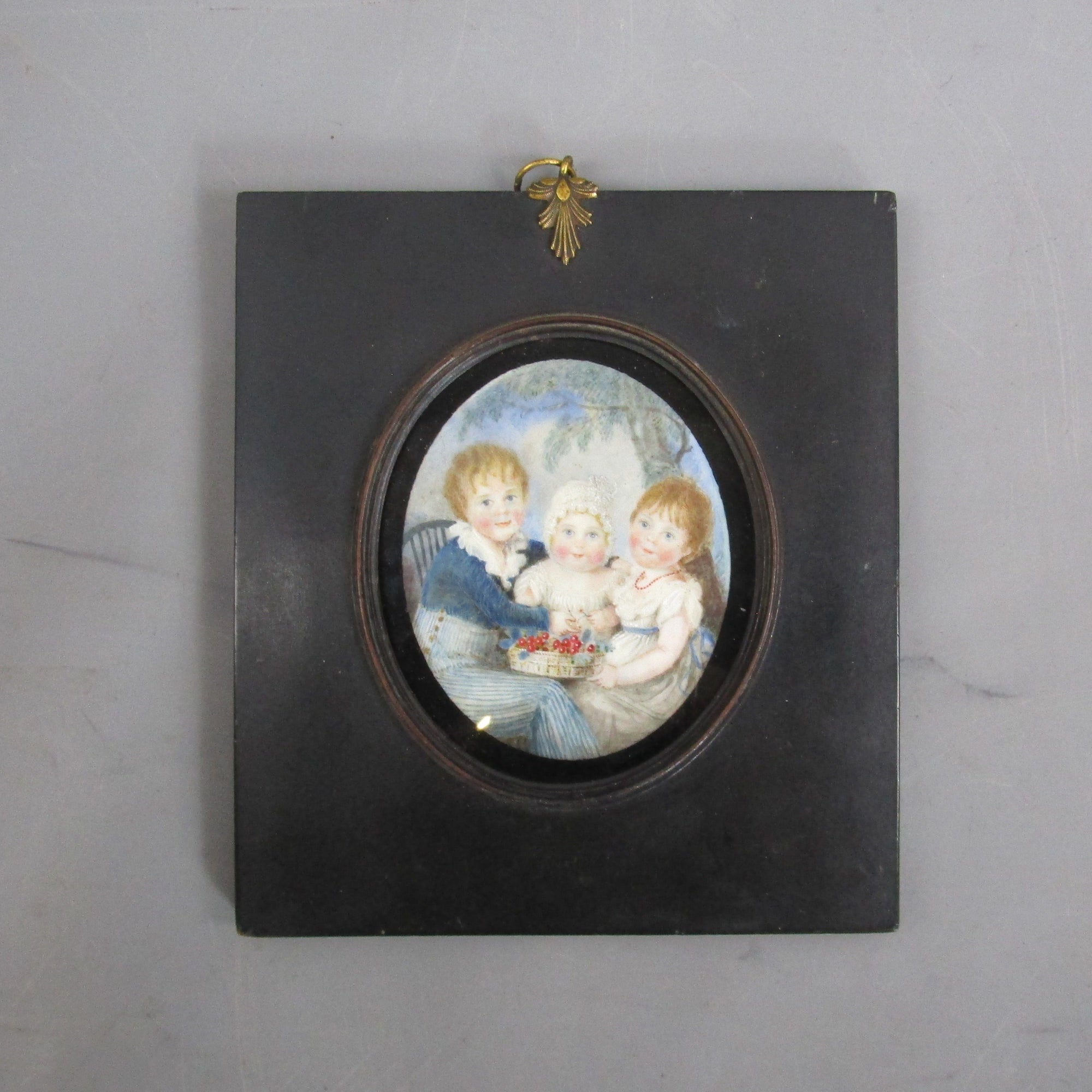 Miniature Watercolour Portrait Of Three Children Antique Georgian c1790