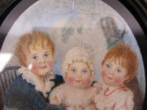 Miniature Watercolour Portrait Of Three Children Antique Georgian c1790