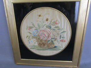 Needlework Embroidery On Silk Basket With Flowers Antique Georgian c1800