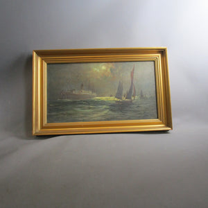 Oil On Canvas Steamship Night Time Seascape Antique Victorian 1890