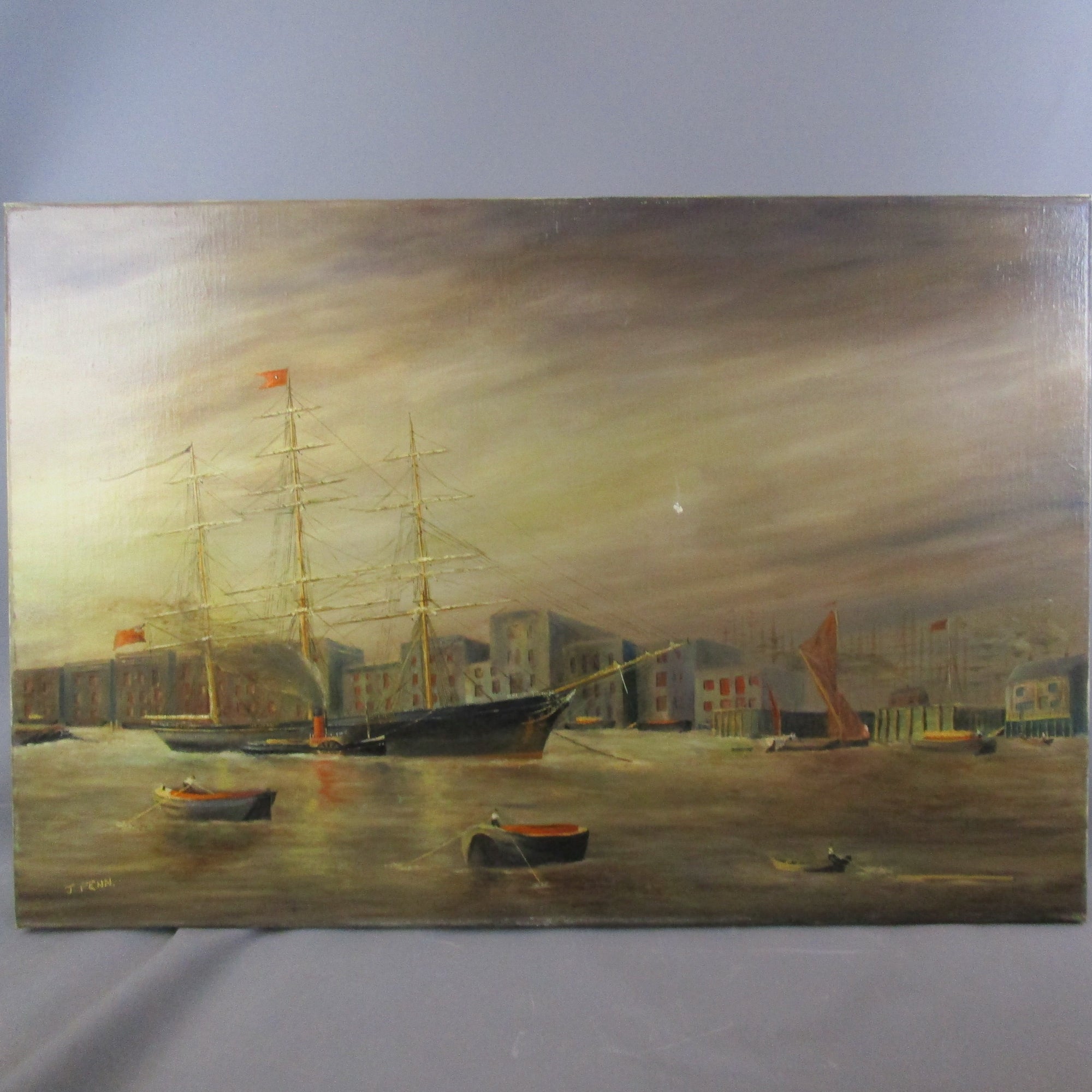 Oil On Canvas Unframed Clipper Ship Entering Bermuda Harbour Signed J. Penn Antique Victorian c1880