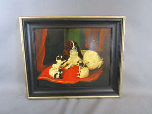 Oil On Wood Panel Of A Spaniel With Puppies Antique Edwardian c1910