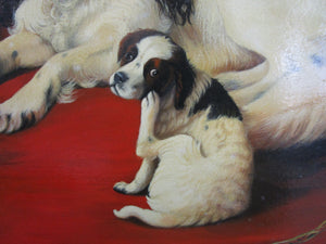 Oil On Wood Panel Of A Spaniel With Puppies Antique Edwardian c1910