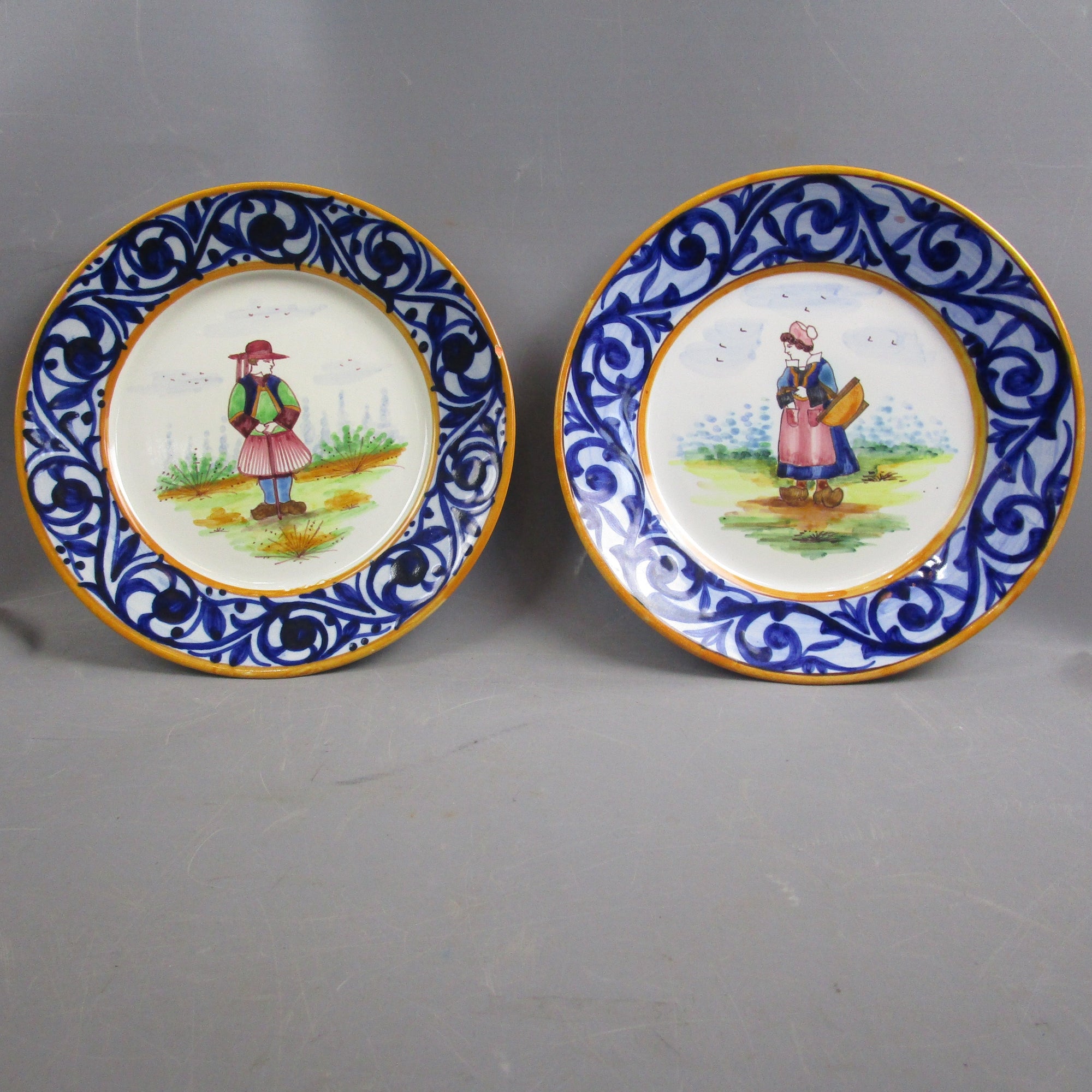 Pair Of French Quimper Hand Decorated Plates Antique Edwardian 1910