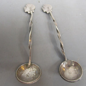 Pair Of Sterling Silver Sixpence Salt Spoons Antique Edwardian 1914