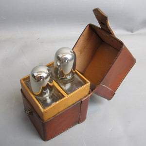 Pair Of Travel Scent Bottles In Fitted Leather Case Antique Art Deco c1920