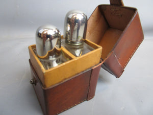 Pair Of Travel Scent Bottles In Fitted Leather Case Antique Art Deco c1920