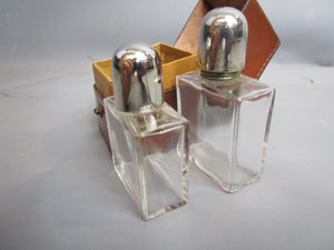 Pair Of Travel Scent Bottles In Fitted Leather Case Antique Art Deco c1920