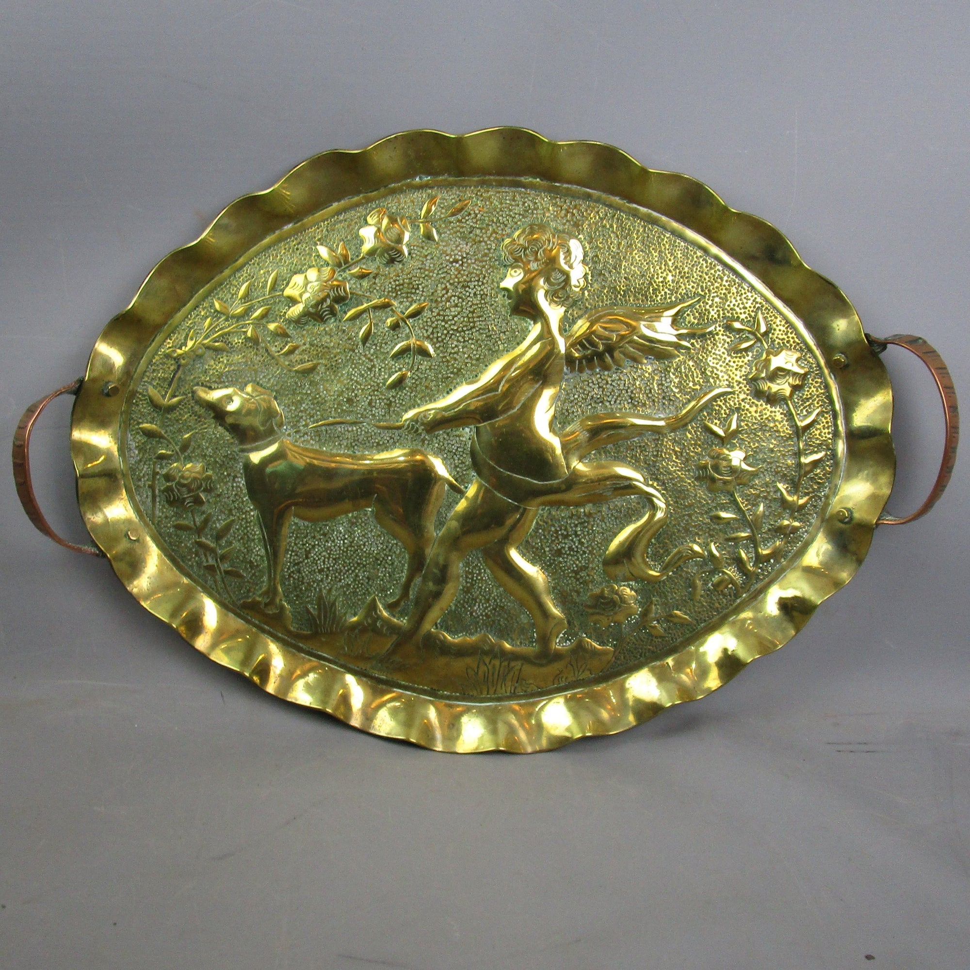 Repousse Brass Cherub And Dog Tray Antique Arts & Crafts c1890