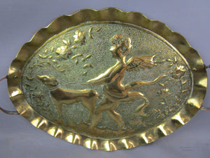 Repousse Brass Cherub And Dog Tray Antique Arts & Crafts c1890