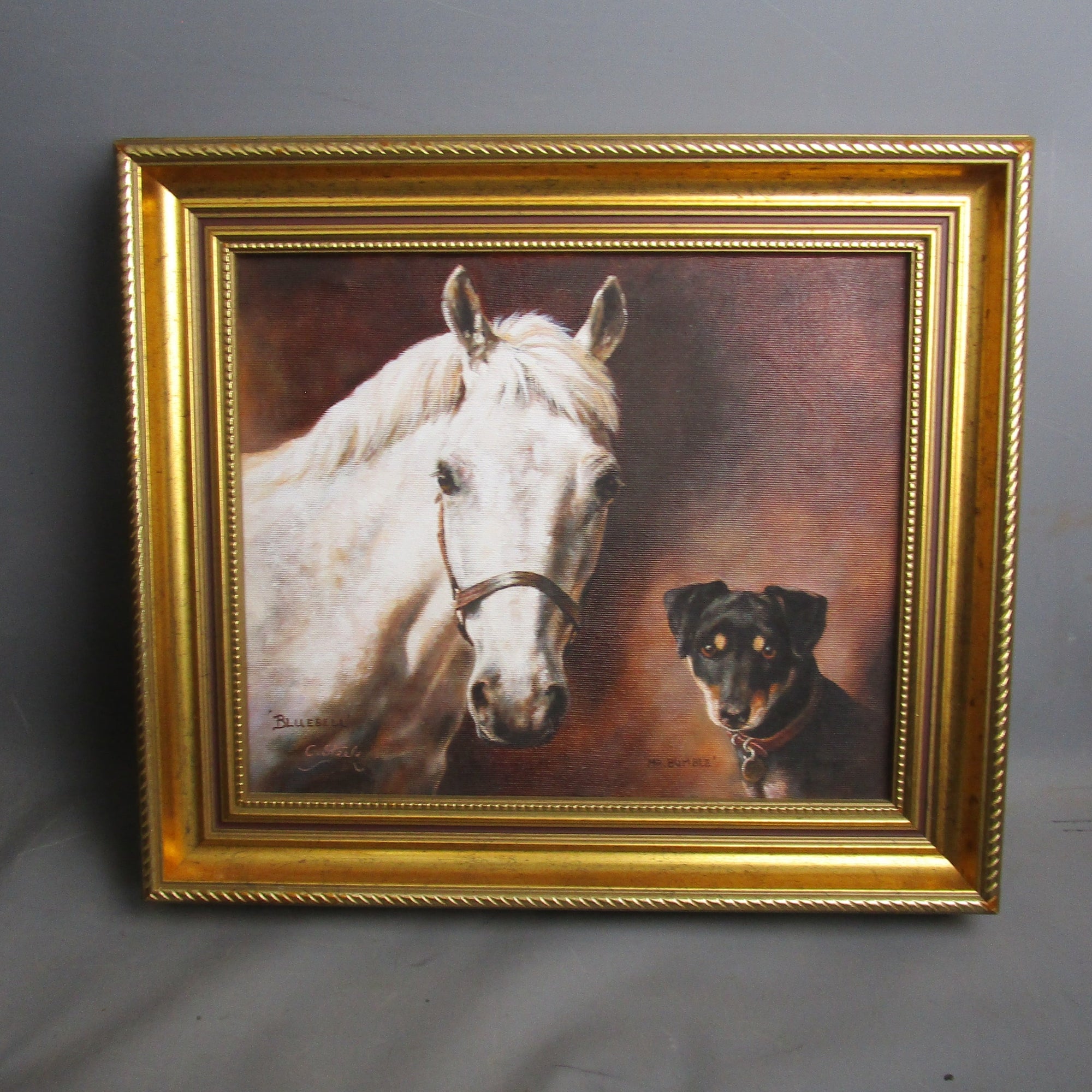 Signed Oil Painting Of Bluebell And Mr Bumble Vintage 20th Century