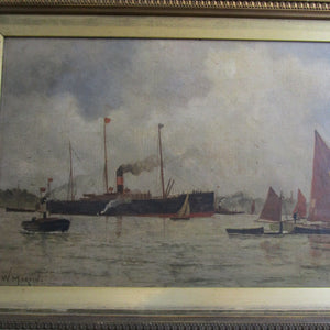 Signed Seascape The Murky Thames By W. Martin Oil On Canvas In Gilt Frame Antique Victorian 1885