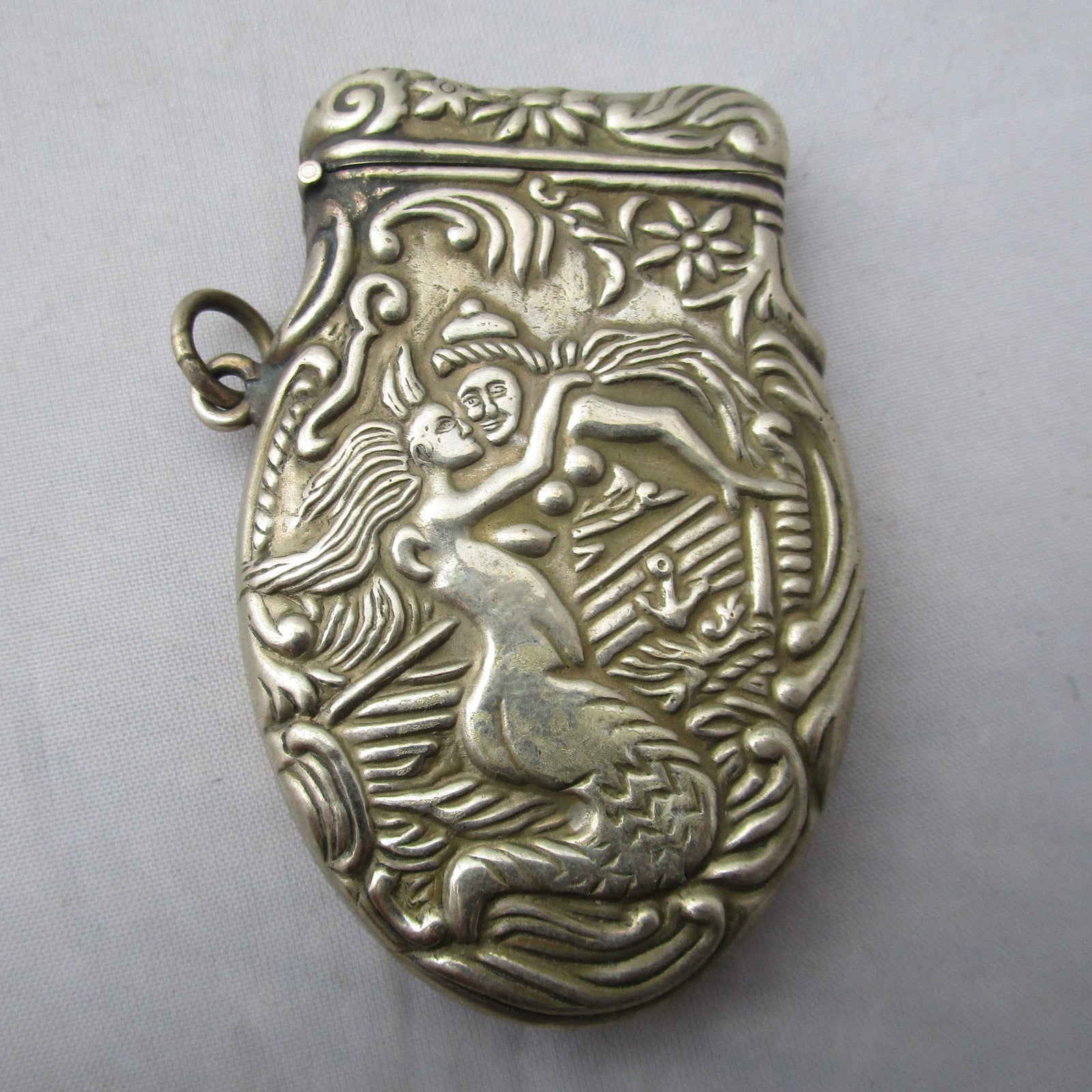Silver Plate Mermaid And Sailor Vesta Case Antique Art Nouveau c1900