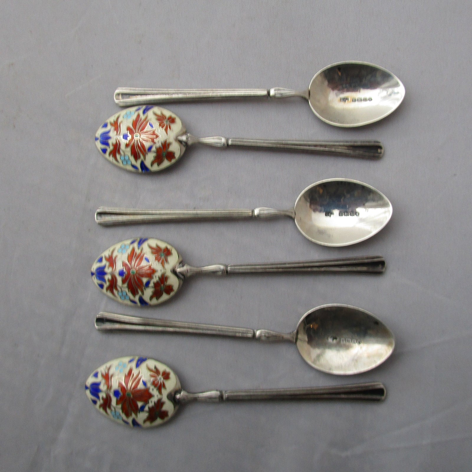 Six Sterling Silver And Enamel Spoons Vintage Mid Century Birmingham 1935