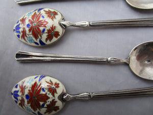 Six Sterling Silver And Enamel Spoons Vintage Mid Century Birmingham 1935