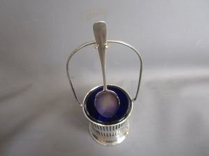 Sterling Silver And Bristol Blue Glass Preserve Pot And Spoon Antique Edwardian Birmingham 1905