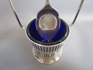 Sterling Silver And Bristol Blue Glass Preserve Pot And Spoon Antique Edwardian Birmingham 1905